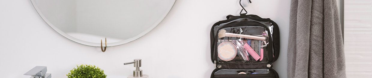 Travelpro toiletry bag hanging in bathroom