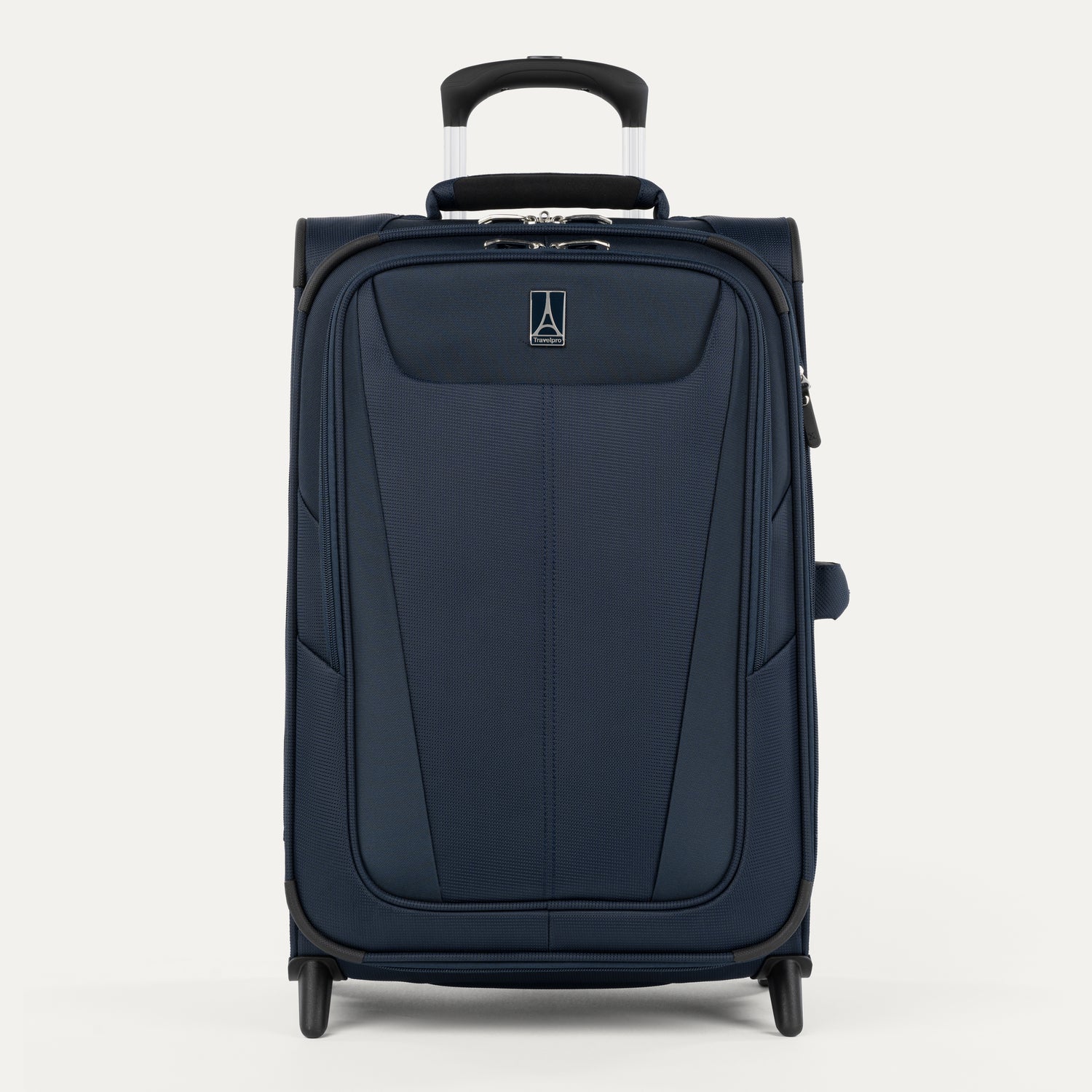 Front view of Maxlite 5 Carry-On Rollaboard in Midnight Blue, showing two front zippered compartments and a top carry handle.