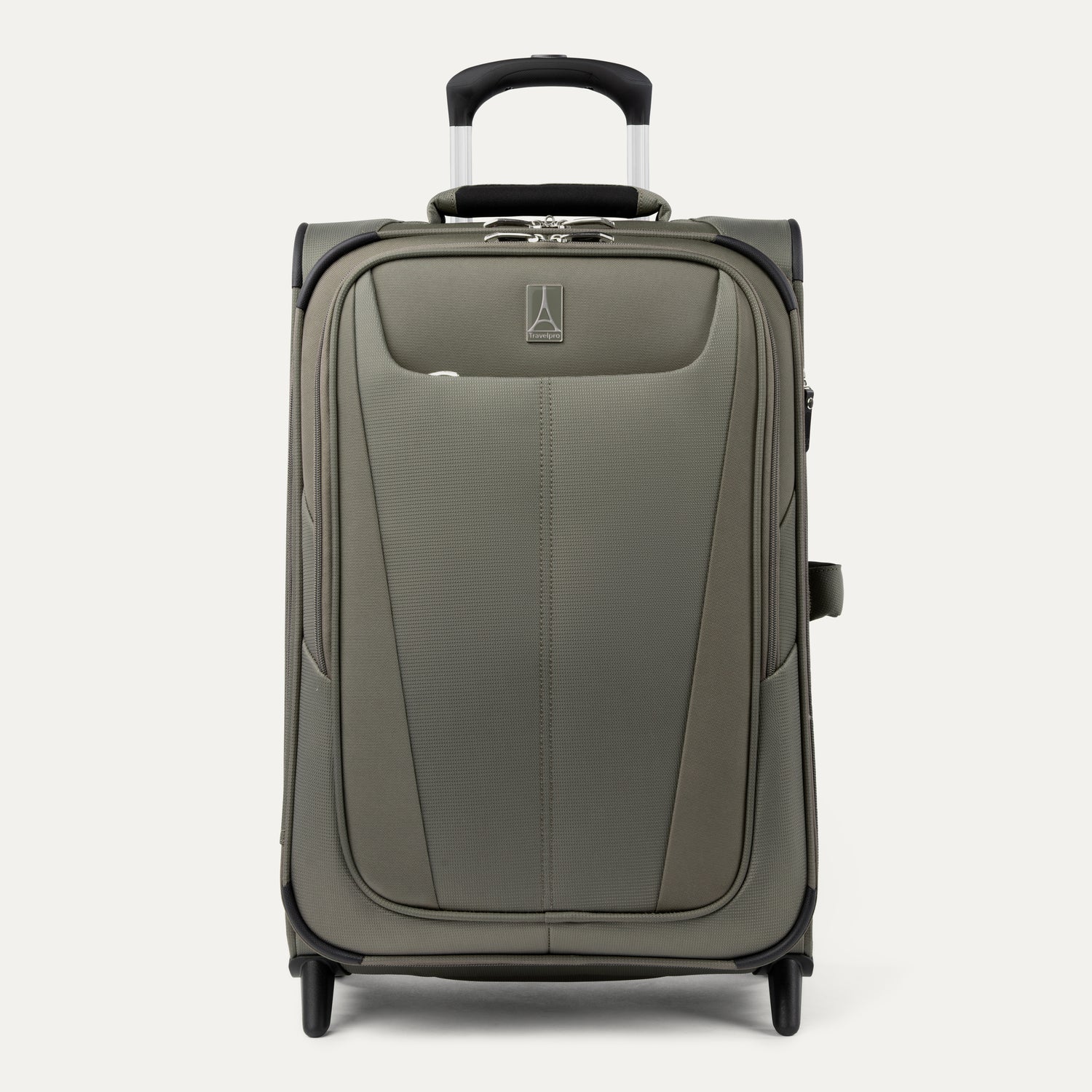 Front view of Maxlite 5 Carry-On Rollaboard in Slate Green, showing two front zippered compartments and a top carry handle.