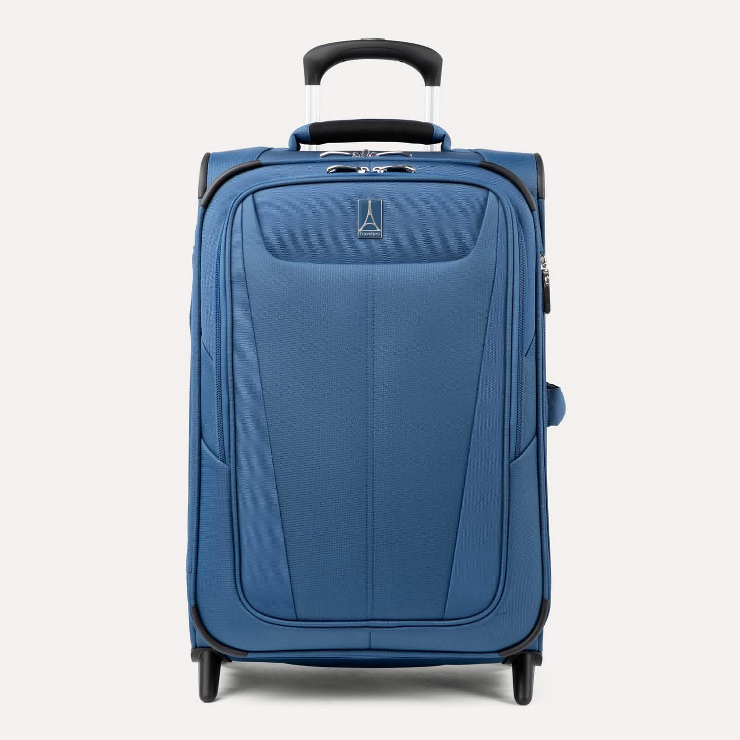 Front view of Maxlite 5 Carry-On Rollaboard in Ensign Blue, showing two front zippered compartments and a top carry handle.