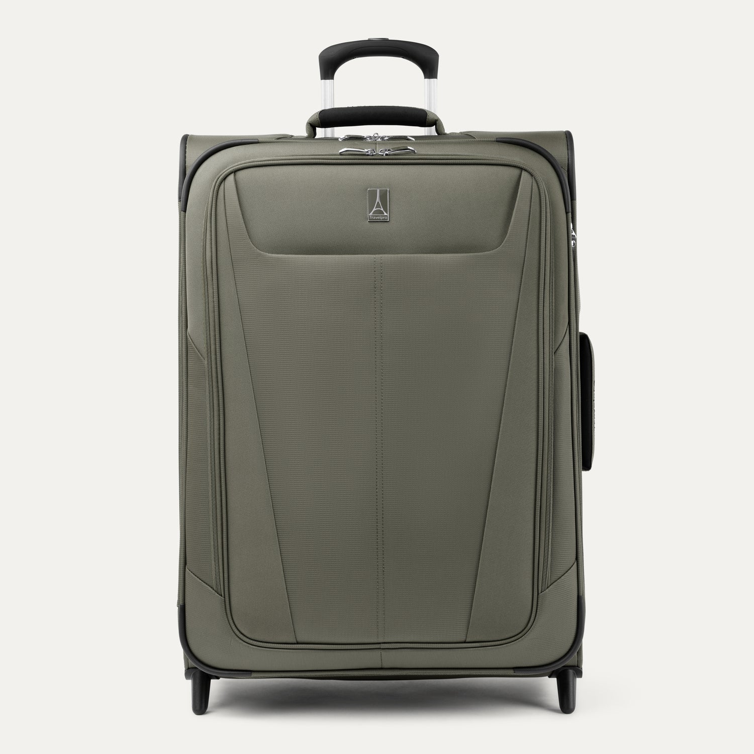 Front view of Maxlite 5 Medium Check-In Expandable Spinner in Slate Green, featuring sleek contouring and 4-wheel spinners.