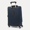 Blue suitcase with wheels and a handle on white background