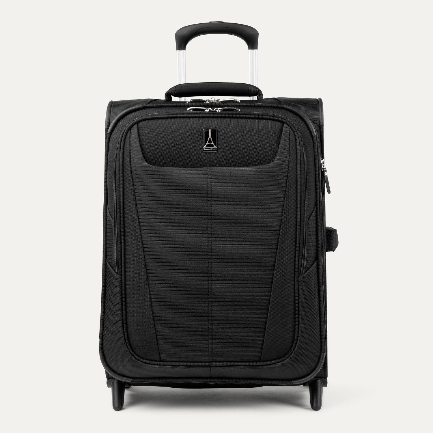 A black Travelpro Maxlite 5 international carry-on expandable rollaboard suitcase with four wheels and a telescopic handle.