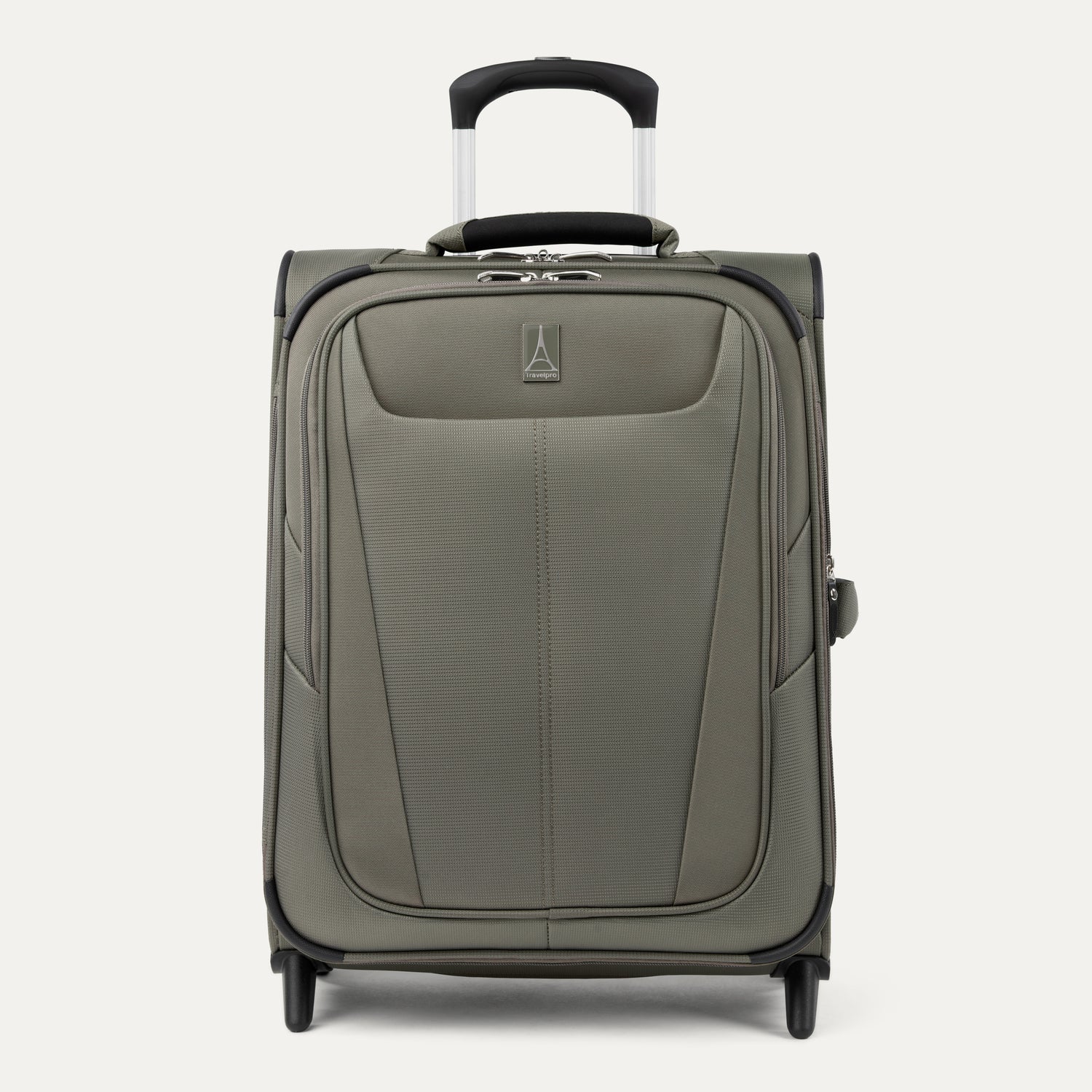 Front view of Maxlite 5 International Carry-On Expandable Spinner in Slate Green, featuring sleek contouring and 4-wheel spinners.