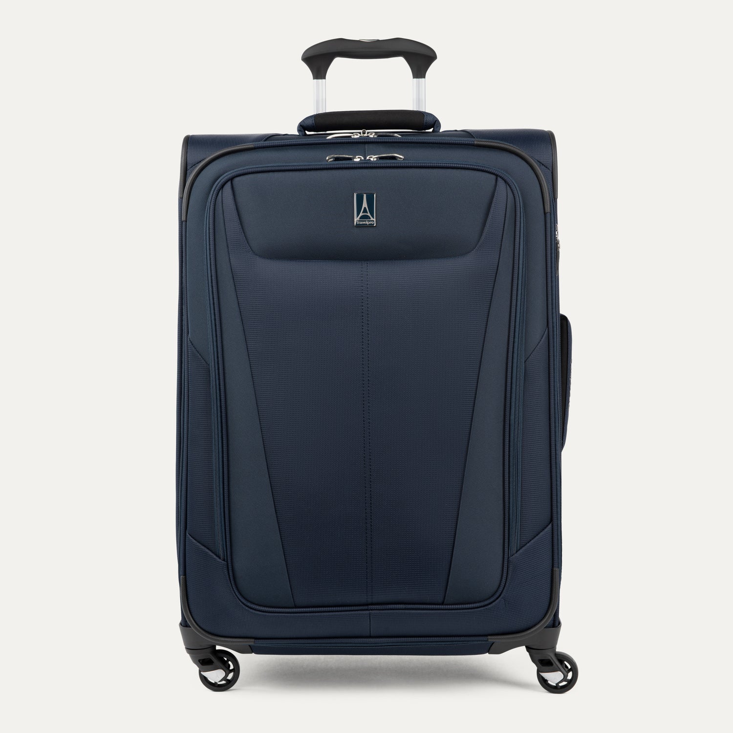 Front view of Maxlite 5 Medium Check-In Expandable Spinner in Midnight Blue, featuring sleek contouring and 4-wheel spinners.