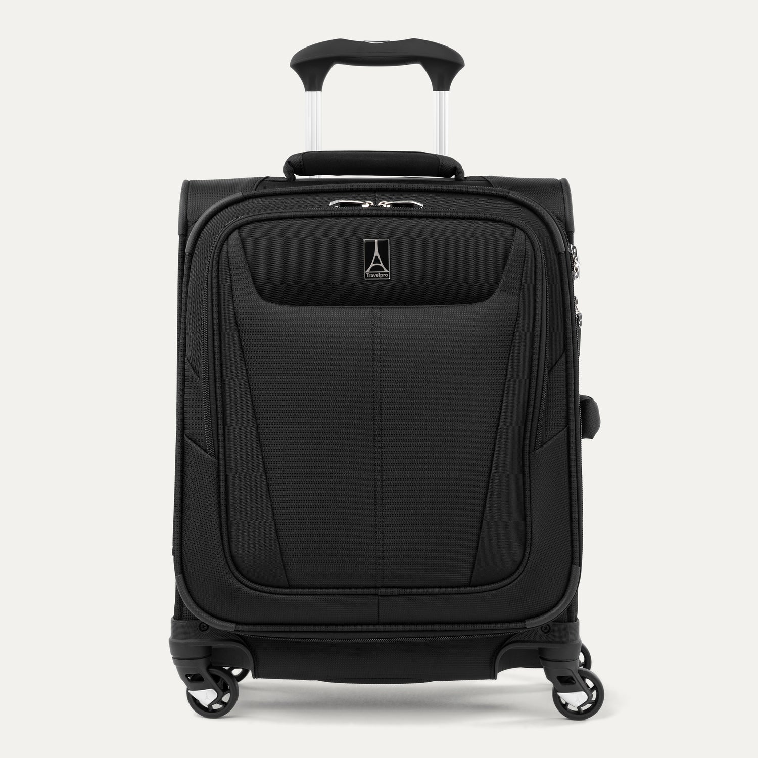 Front view of Maxlite 5 International Carry-On Expandable Spinner in Black, featuring sleek contouring and 4-wheel spinners.