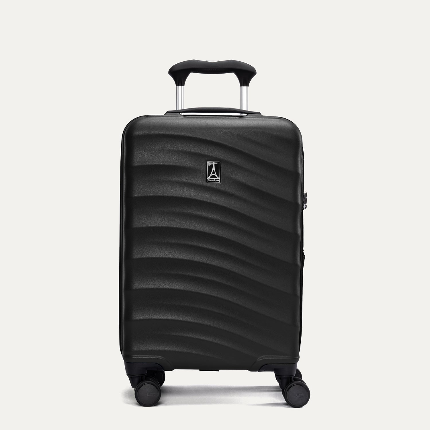 Front view of Travelpro Maxlite Air V2 Compact Carry-On Hardside Spinner in Black, featuring textured shell and 360° Spinner Wheels.