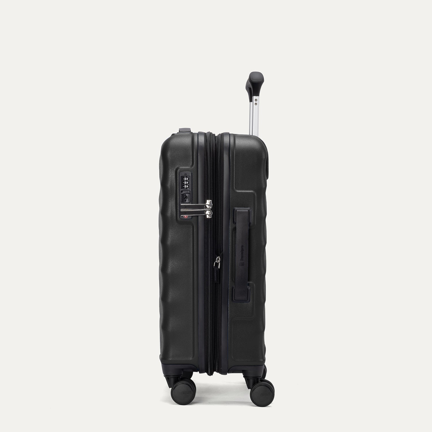 Side view of Travelpro Maxlite Air V2 Carry-On Hardside Spinner in Black, showing expandable zipper and Low-Profile Side Carry Handles.