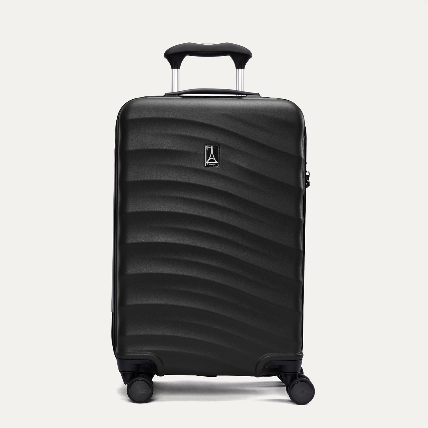 Side view of Travelpro Maxlite Air V2 Carry-On Spinner in Black, showing expandable zipper and Low-Profile Side Carry Handles.