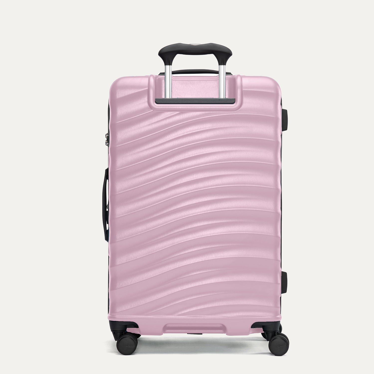 Rear view of Travelpro Maxlite Air V2 Check-In Spinner in Orchid Pink, showing the extended telescopic handle and side carry handle