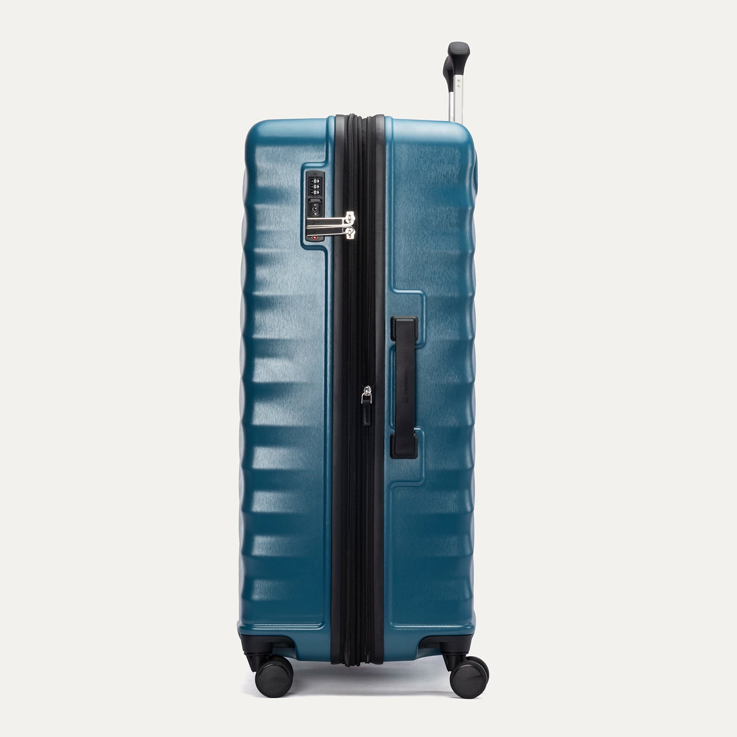 Side view of Travelpro Maxlite Air V2 Check-In Spinner in Teal, showing expandable zipper, Low-Profile Side Carry Handle, and extended PowerScope Lite Handle.