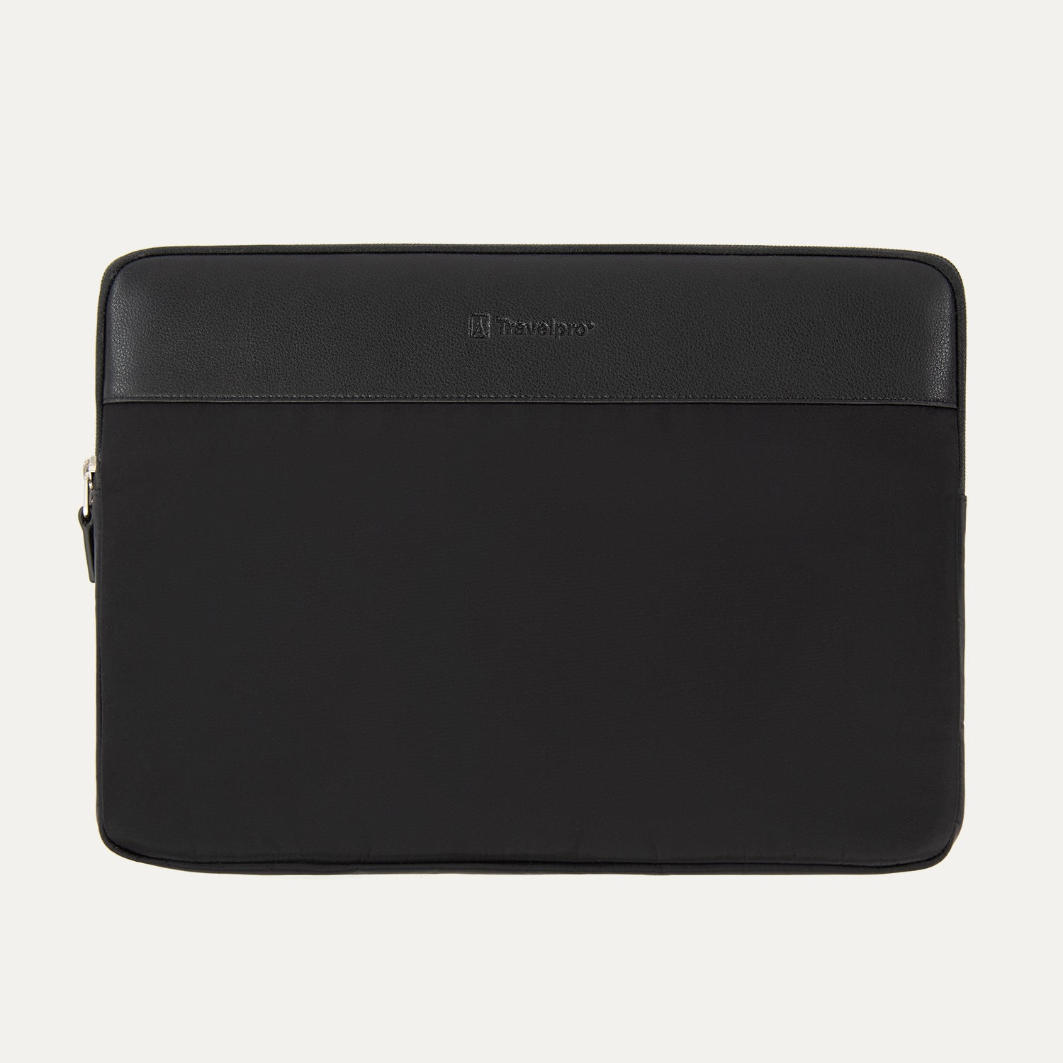 Black Travelpro Essentials padded laptop sleeve with leather trim and a zipper.