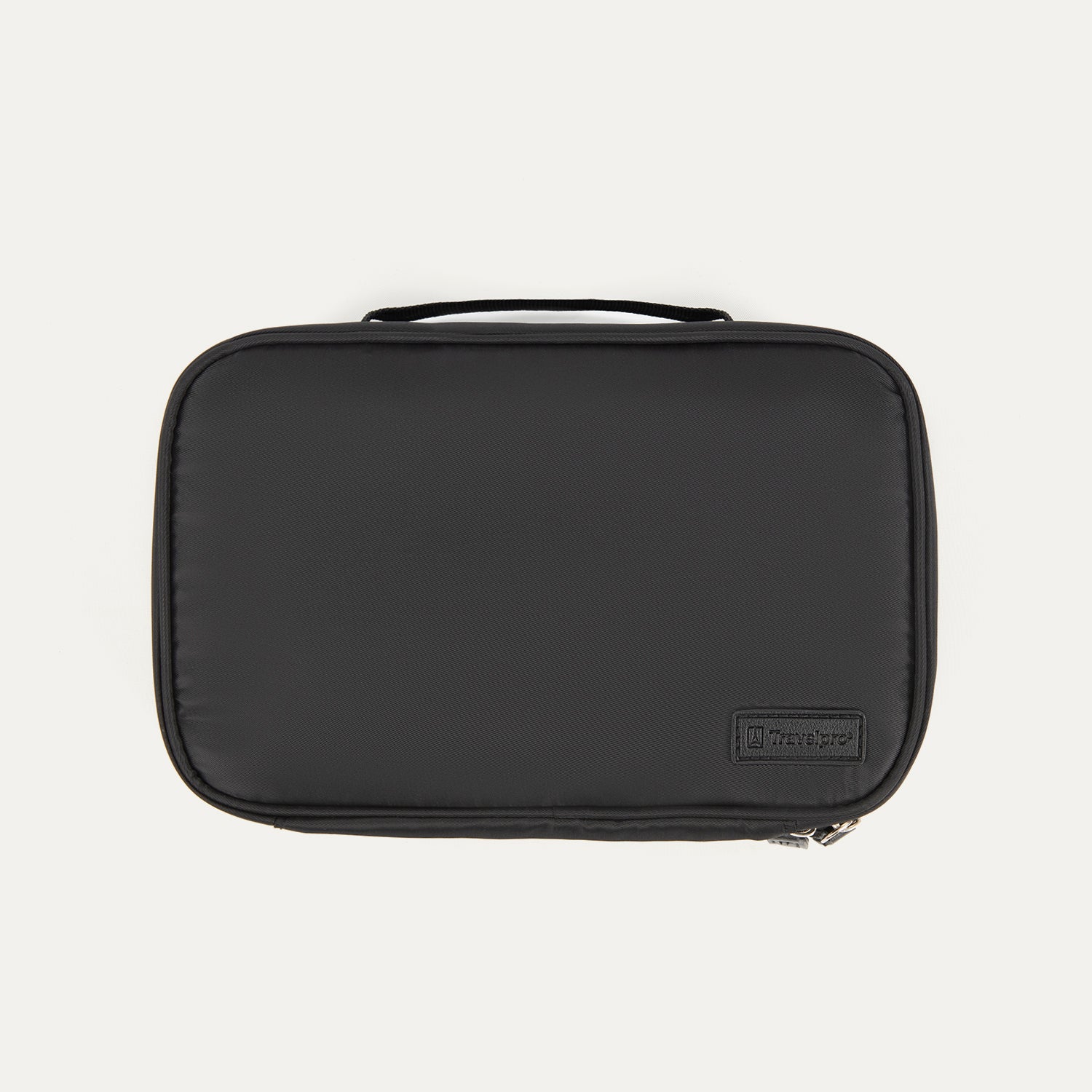 Travelpro Split Case Toiletry Bag in black with a top carry handle and Travelpro logo patch.