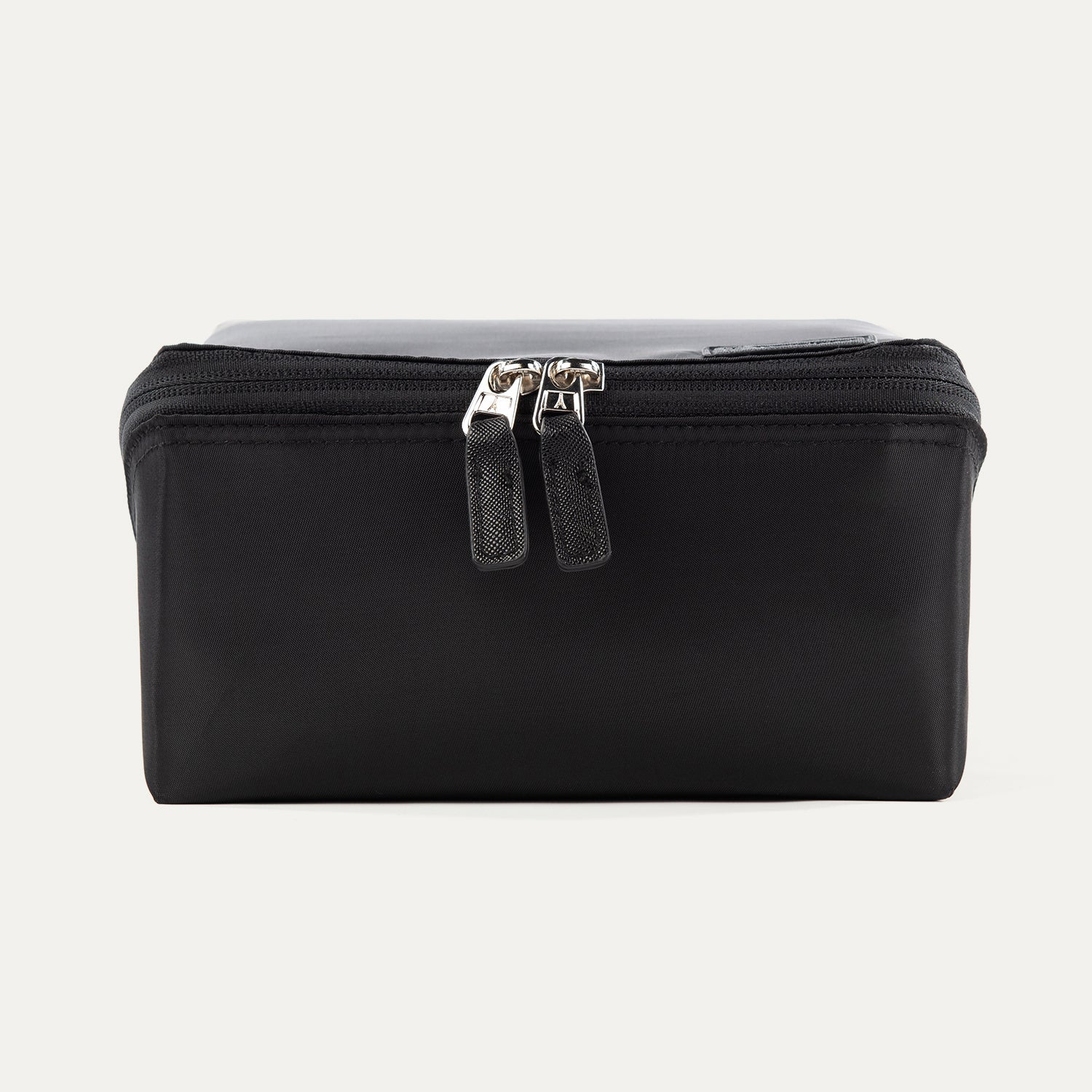 Front view of the MaxAccess Cubes™ Deluxe Hanging Toiletry Organizer in black featuring dual silver zipper