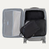 Top view of Open Travelpro Essentials 3 Pack Expandable/Compressible Packing Cube Set (Medium, Large, Extra Large) in BLACK, with Extra Large and Large inside suitcase and Medium resting on top.