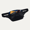 Black waist bag with sunglasses and passport on a white background