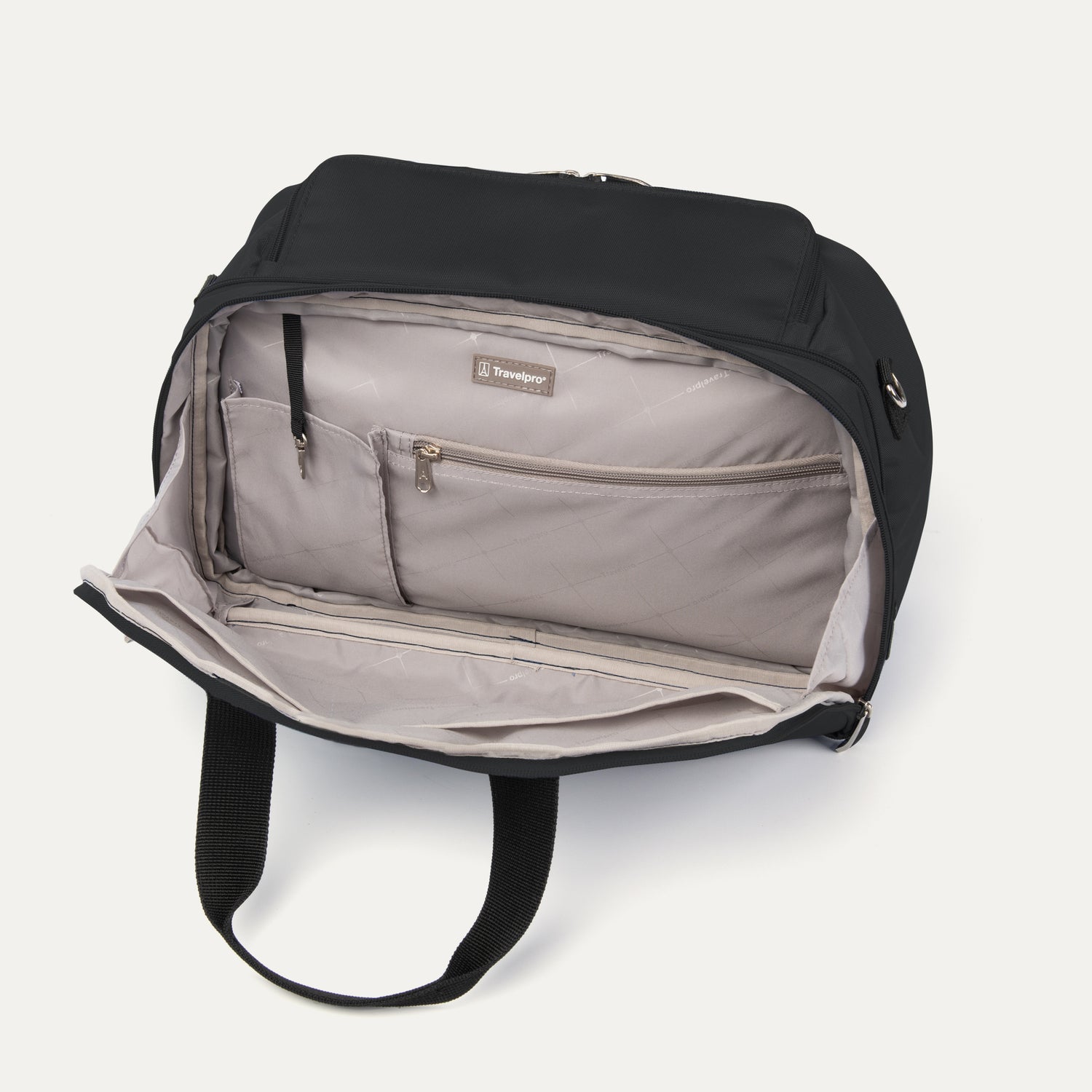Interior view of the Travelpro Essentials 2-in-1 Travel Tote & Cooler in Black, featuring multiple organizer pockets including a zippered pocket, slip compartments, and a spacious main Front compartment