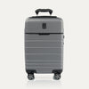 Front view of T+L Carry-On Spinner in Whistler Grey, featuring a matte hard shell, tonal trim, horizontal grooves, and dual spinner wheels.