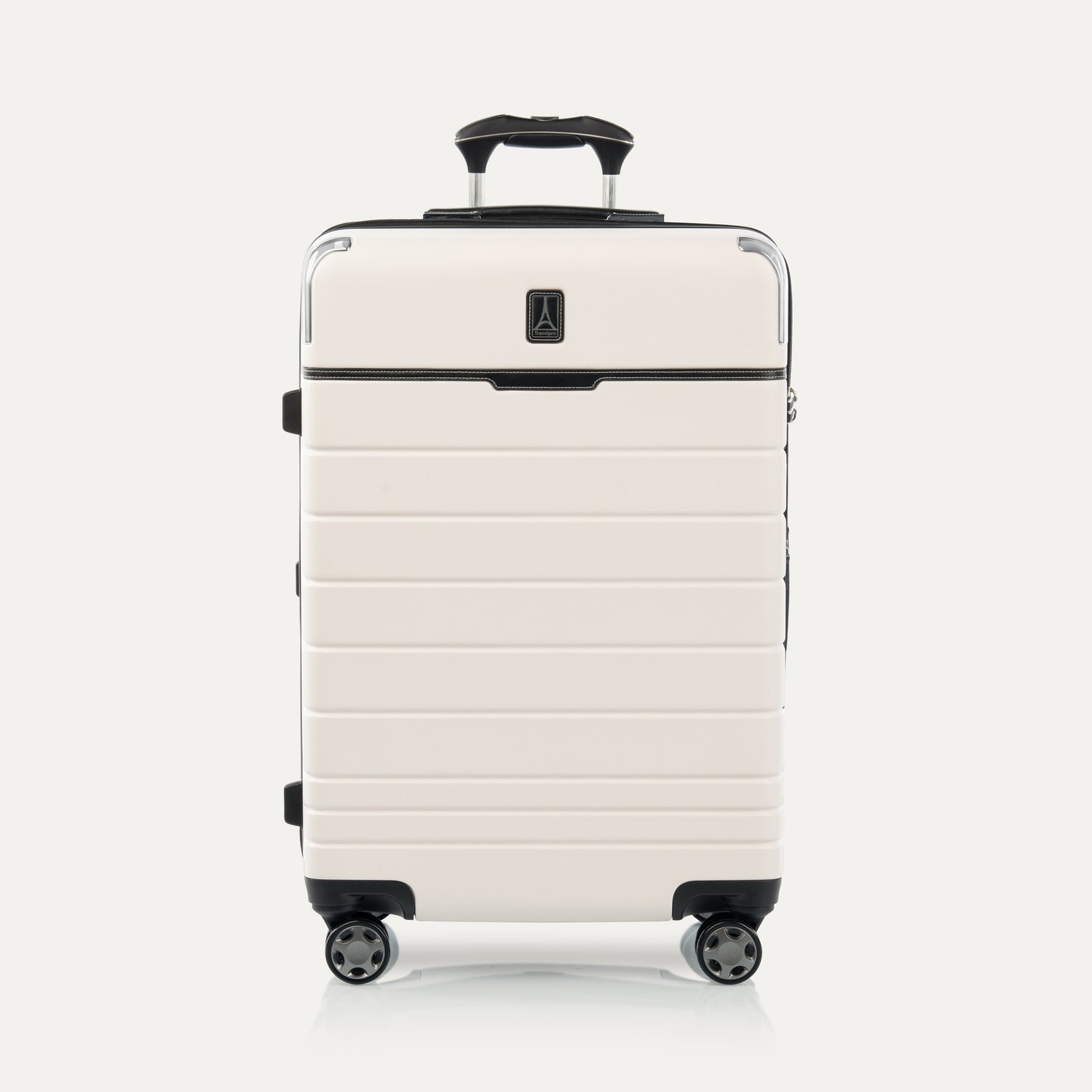 A medium-sized check-in spinner suitcase with a hard White Sand shell, wheels, and an ergonomic handle.
