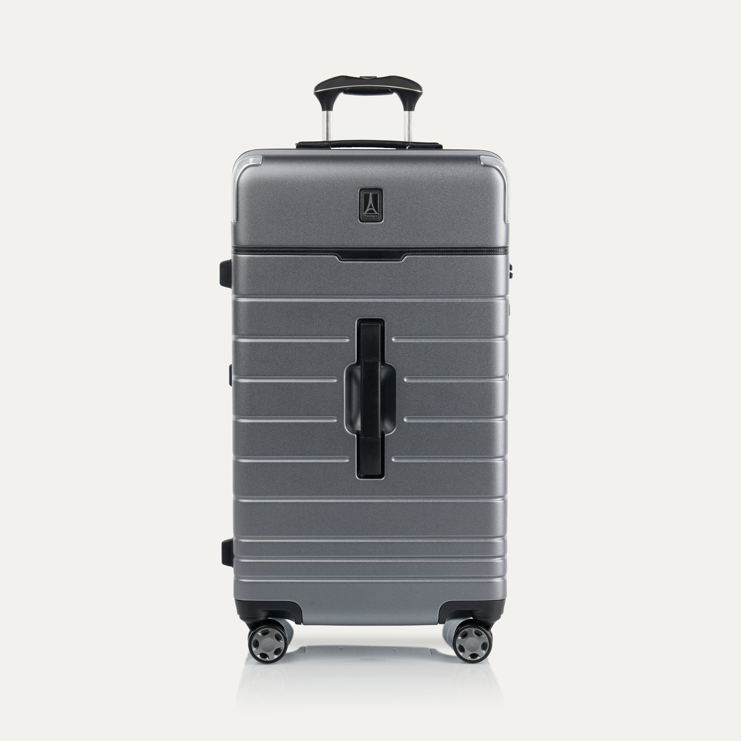 Front view of Travel + Leisure® Large Check-In Expandable Spinner in Whistler Grey, with matte finish, black trim, and dual spinner wheels.