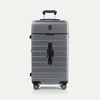 Front view of Travel + Leisure® Large Check-In Expandable Spinner in Whistler Grey, with matte finish, black trim, and dual spinner wheels.