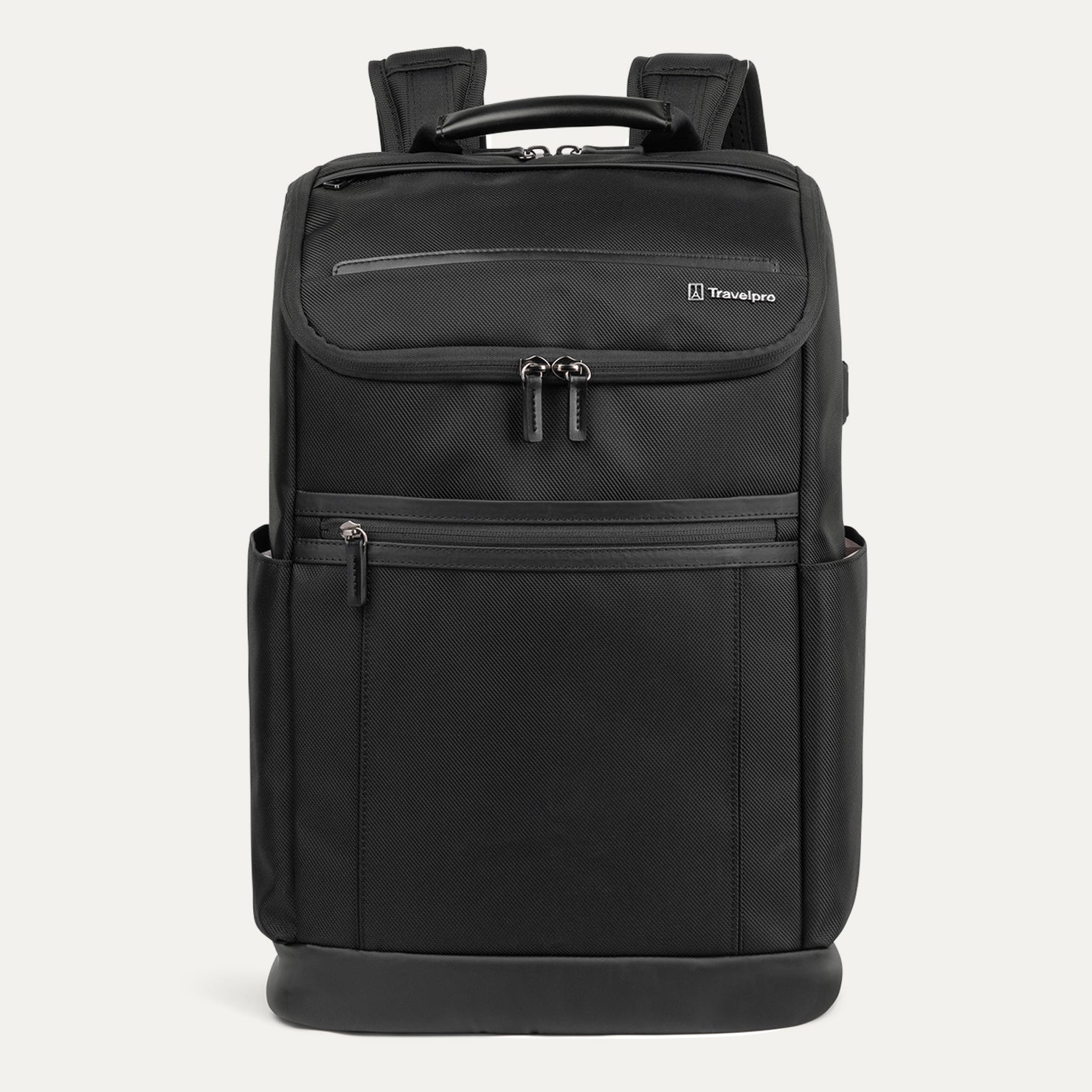 Front view of Travelpro Crew Executive Choice 3 Slim Backpack in Jet Black, featuring exterior quick-access pockets.