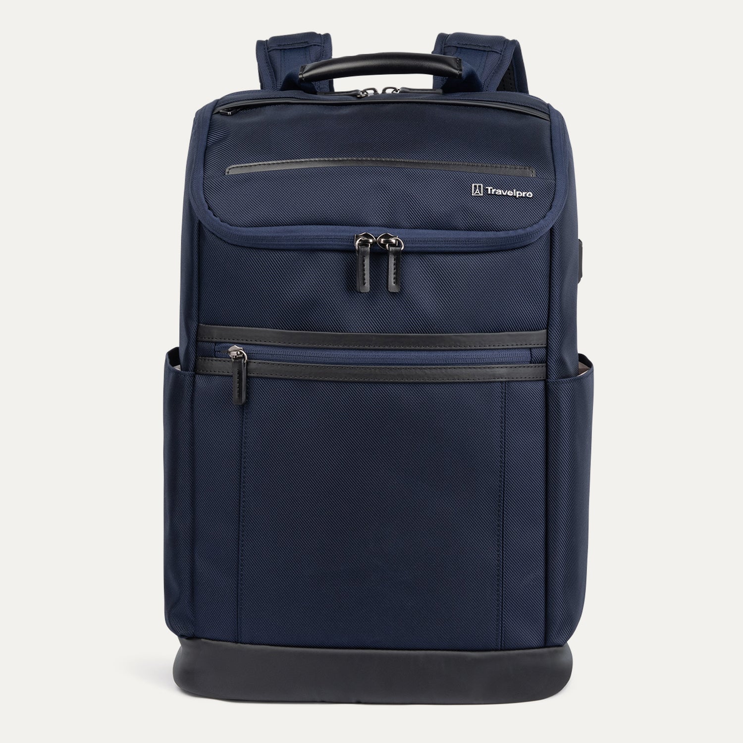 Front view of Travelpro Crew Executive Choice 3 Slim Backpack in Patriot Blue, featuring exterior quick-access pockets.