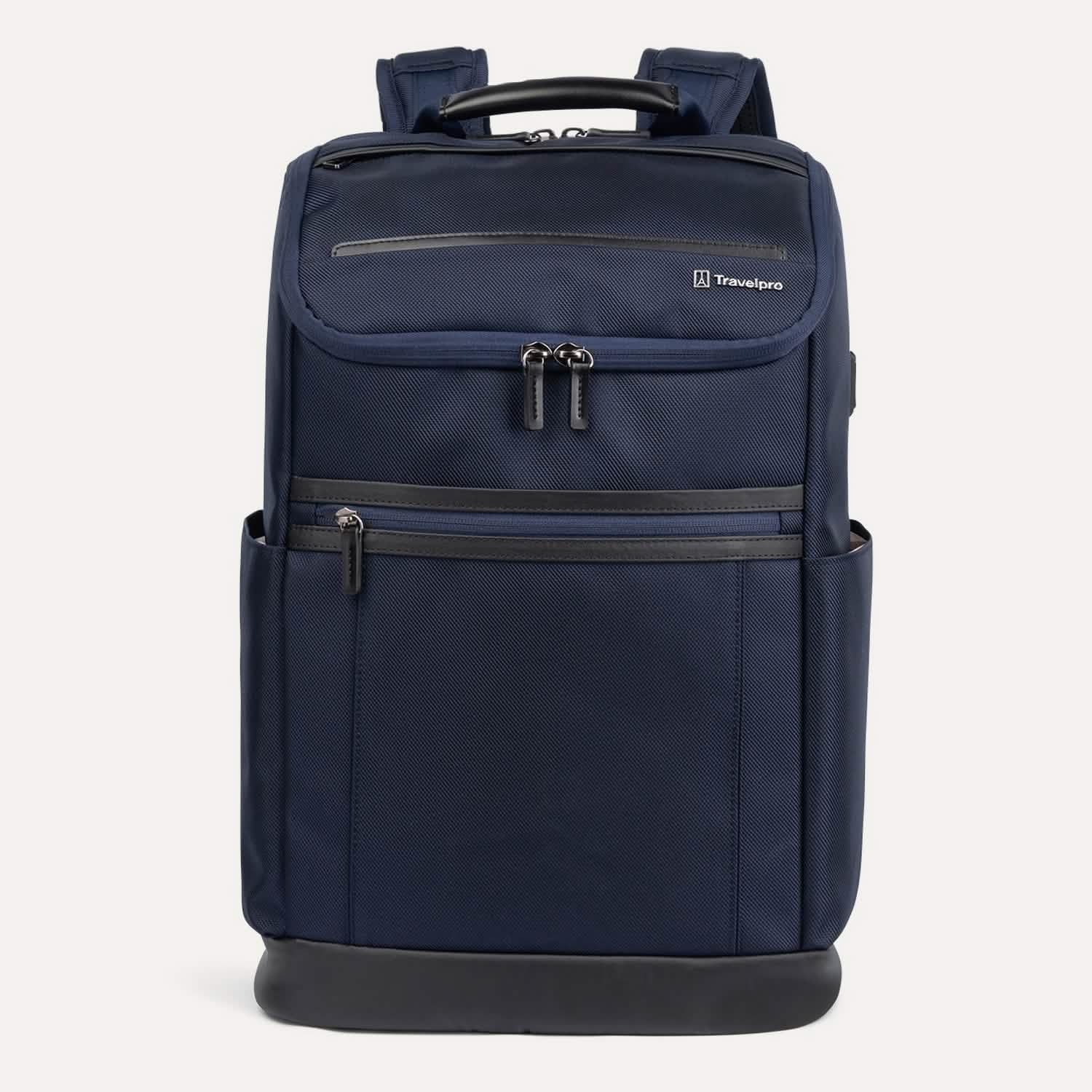 Front view of Travelpro Crew Executive Choice 3 Slim Backpack in Patriot Blue, featuring exterior quick-access pockets.