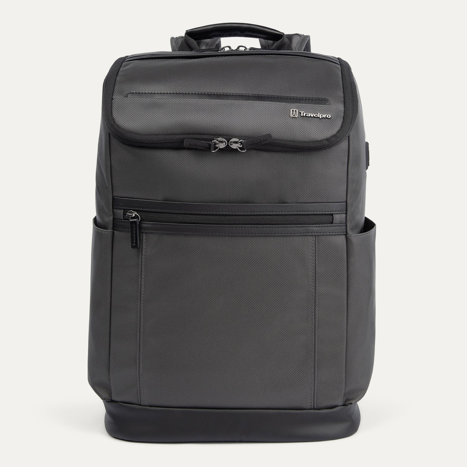 Front view of Travelpro Crew Executive Choice 3 Slim Backpack in Titanium Gray, featuring exterior quick-access pockets.