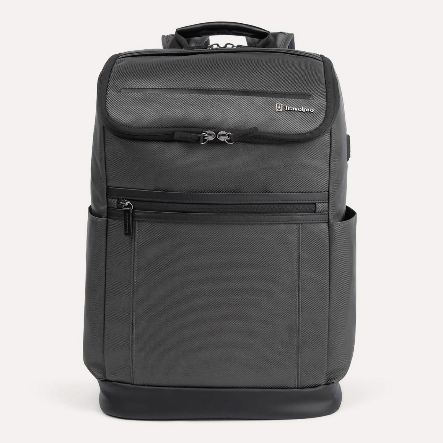 Front view of Travelpro Crew Executive Choice 3 Slim Backpack in Titanium Gray, featuring exterior quick-access pockets.