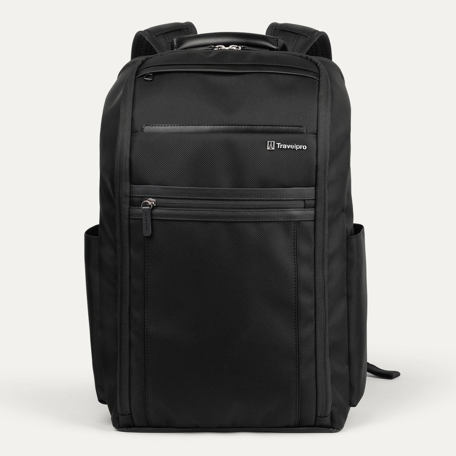 A black Travelpro Crew Executive Choice 3 Slim backpack with multiple compartments and leather accents.