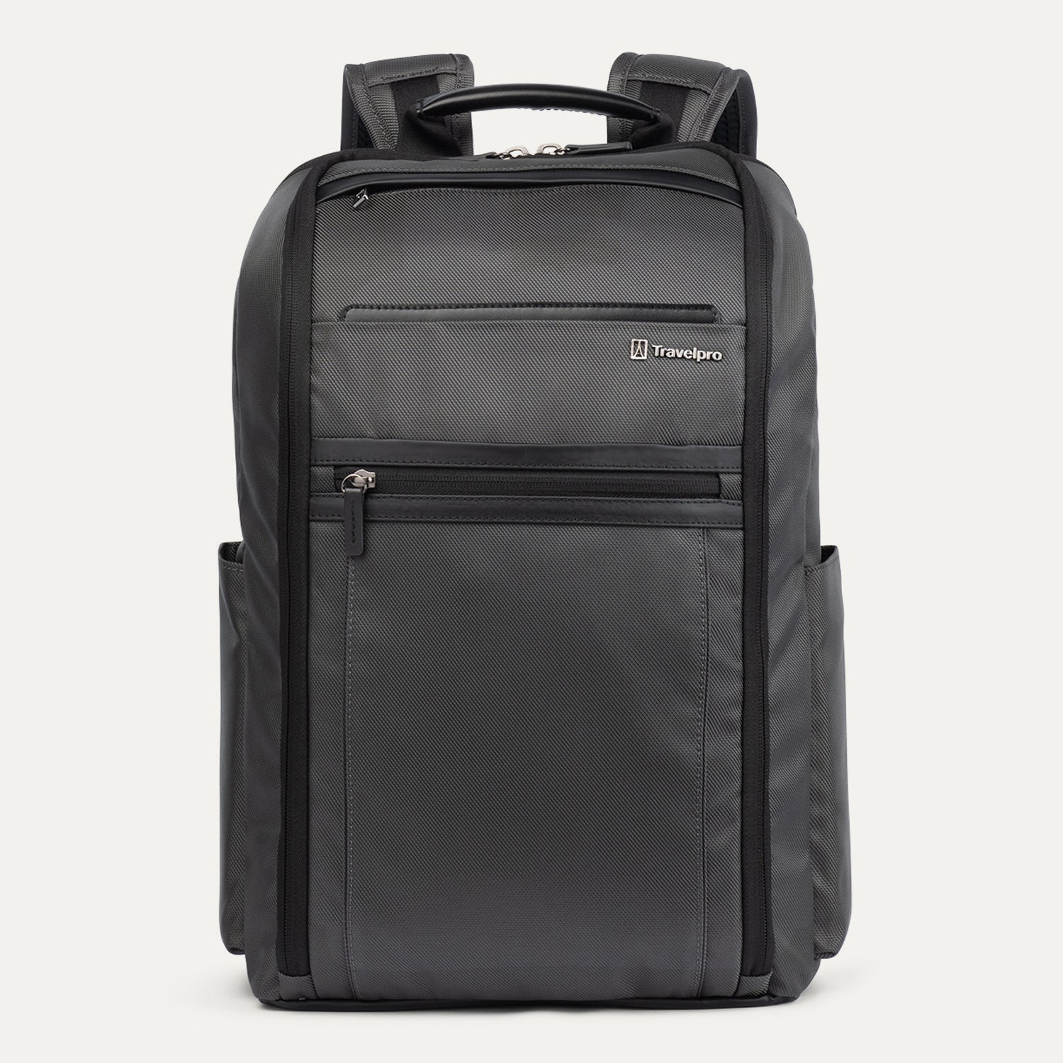 Front view of Travelpro Crew Executive Choice 3 Laptop Backpack in Titanium Gray, featuring exterior quick-access pockets.