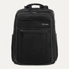 A black Travelpro Crew Executive Choice 3 large travel backpack with multiple compartments and zipper closures, featuring a logo on the front.
