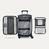 Interior view of a Travelpro suitcase in Patriot Blue, featuring removable organizer with mesh and zip compartments.