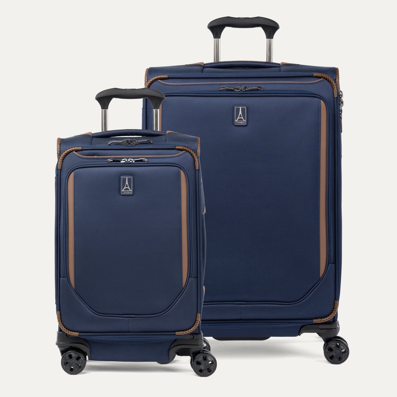 A set of two blue travel spinner suitcases, one carry-on size and one medium check-in size, with brown accents and the travelpro logo visible.
