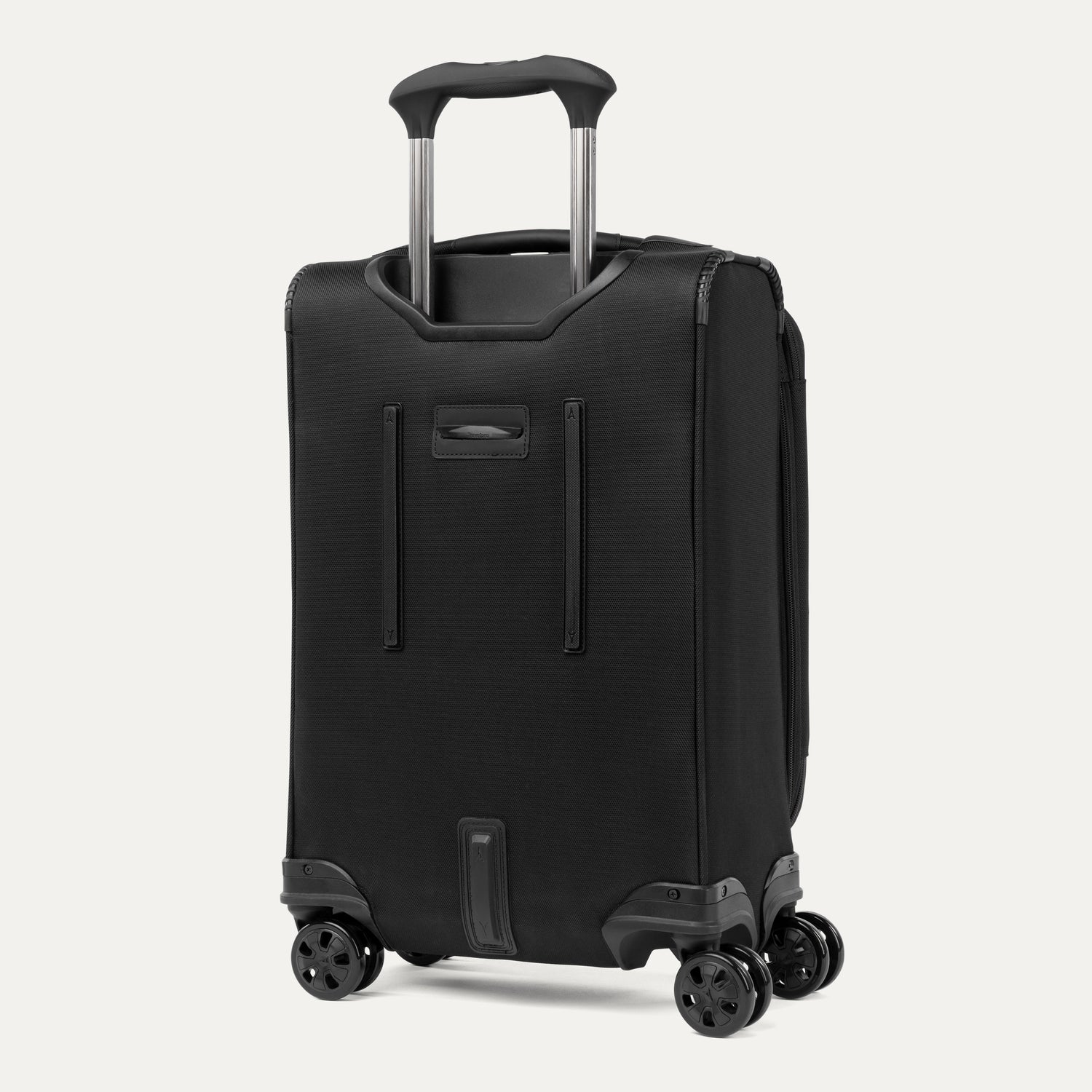 Black suitcase with wheels and handle on a white background