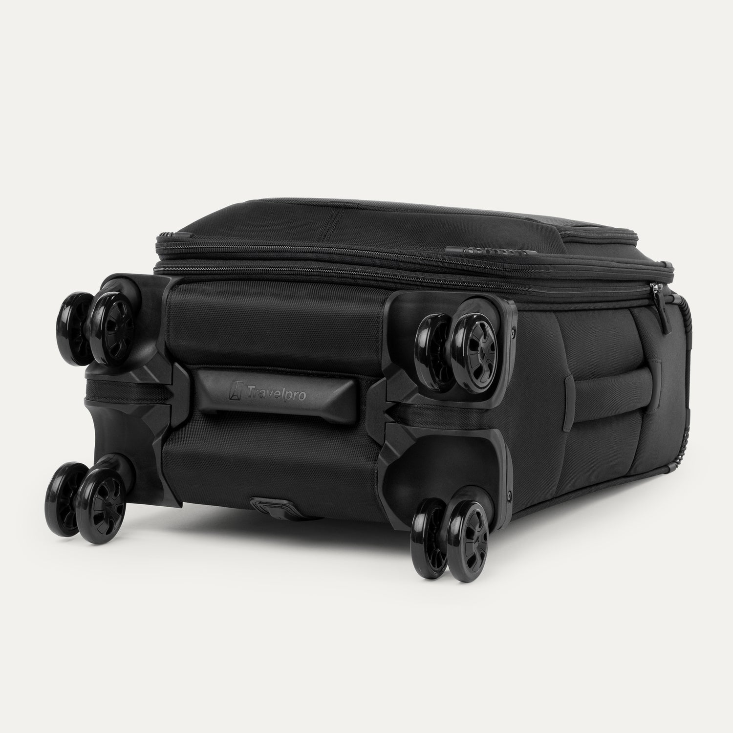 Black suitcase with black wheels on a white background