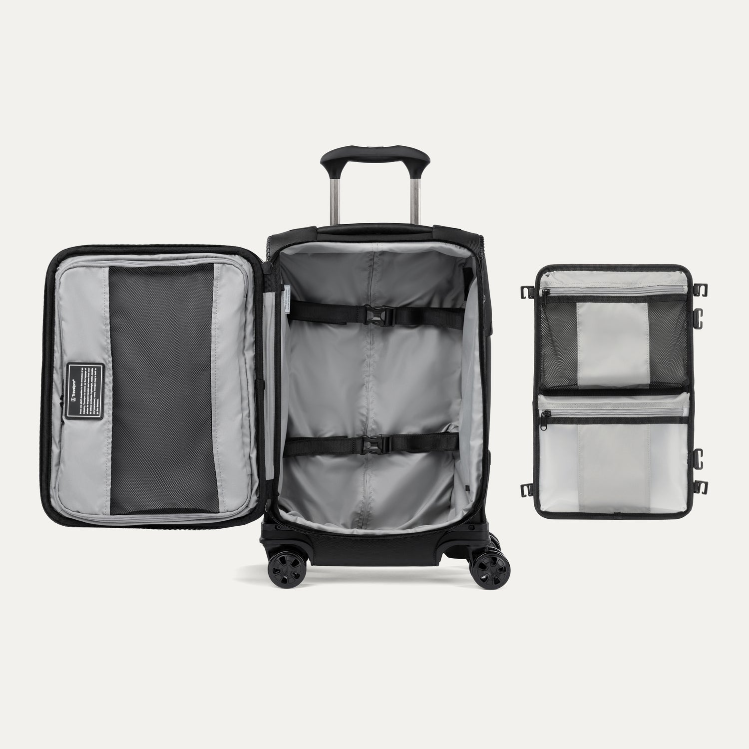 Open suitcase featuring packing organizer on a white background
