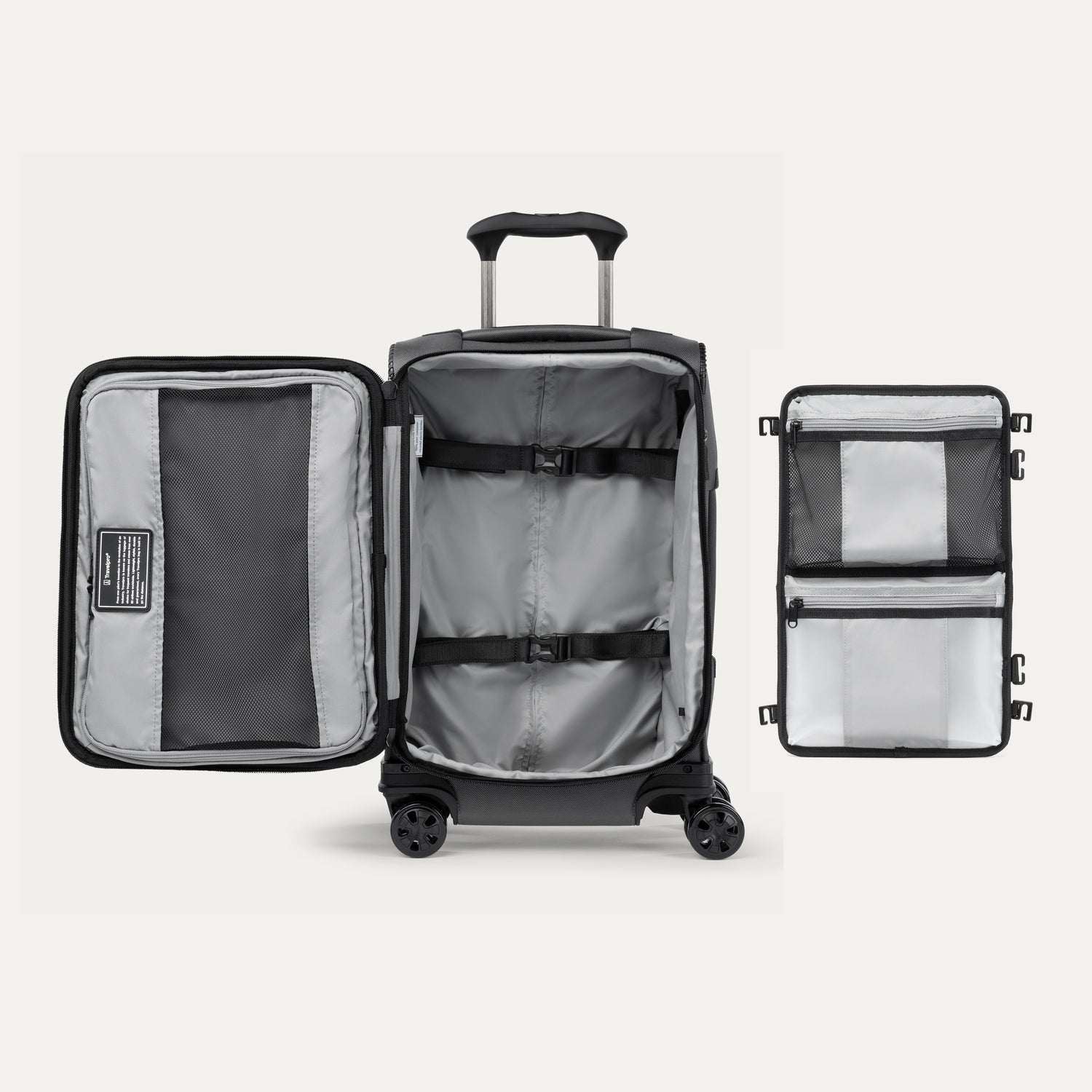 Open suitcase featuring packing organizer on a white background