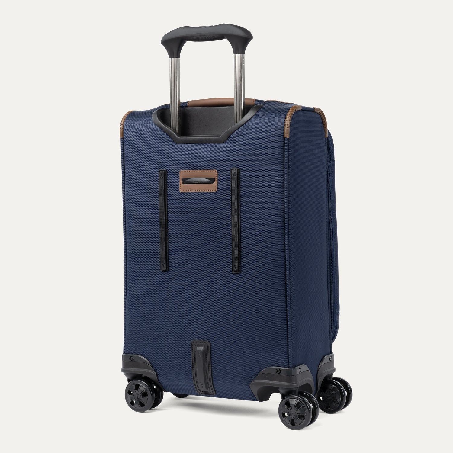 Blue suitcase with wheels and handle on a white background