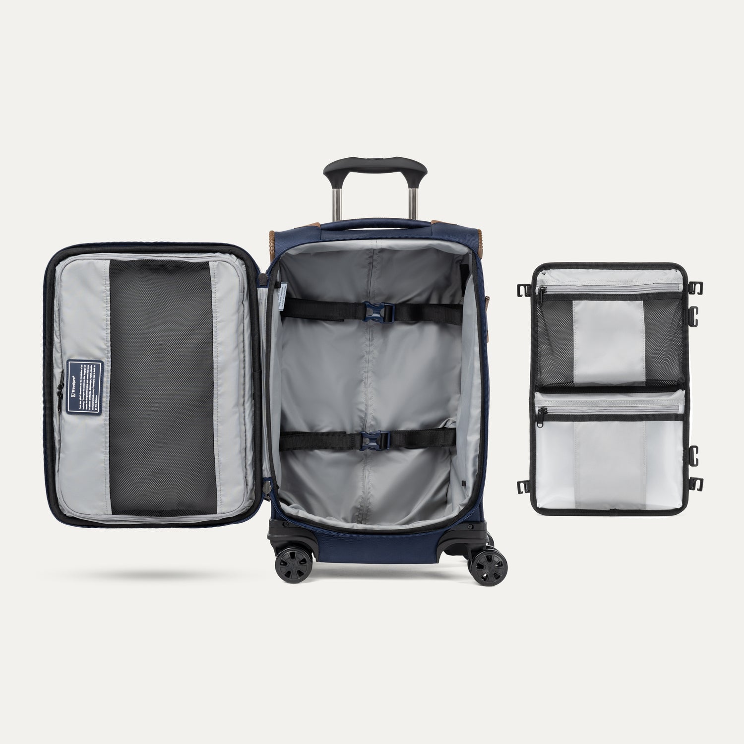 Open blue suitcase featuring packing organizer on a white background