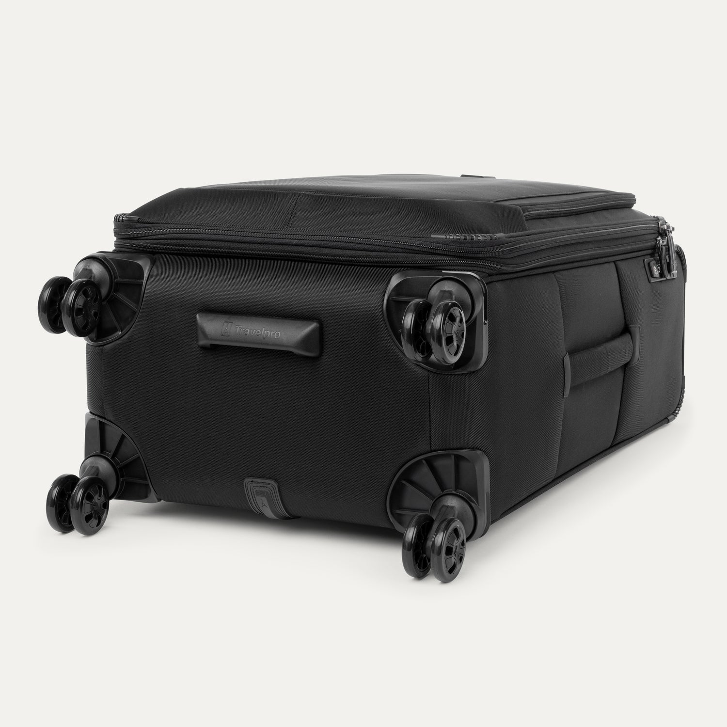 Black suitcase with black wheels on a white background