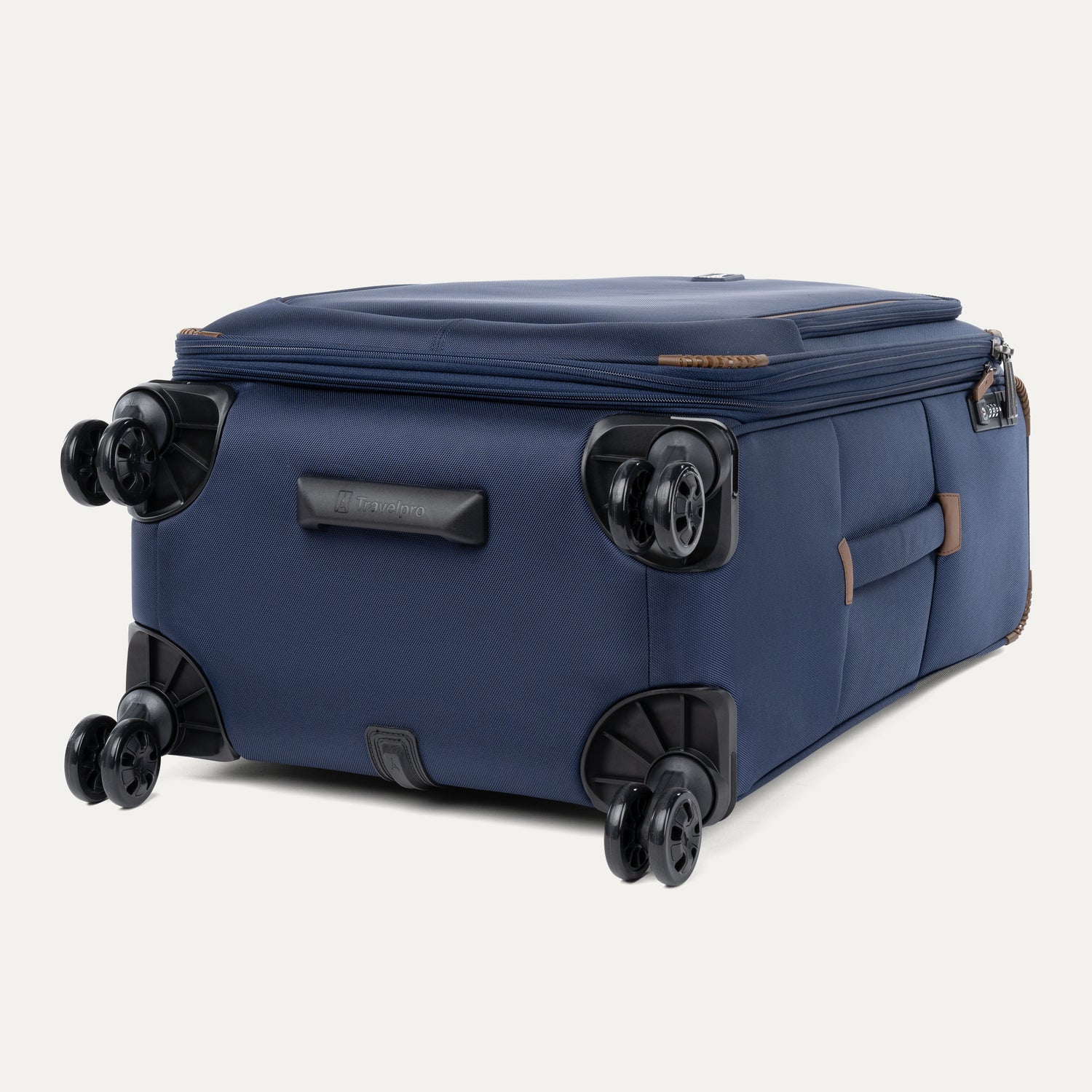 Blue suitcase with black wheels on a white background
