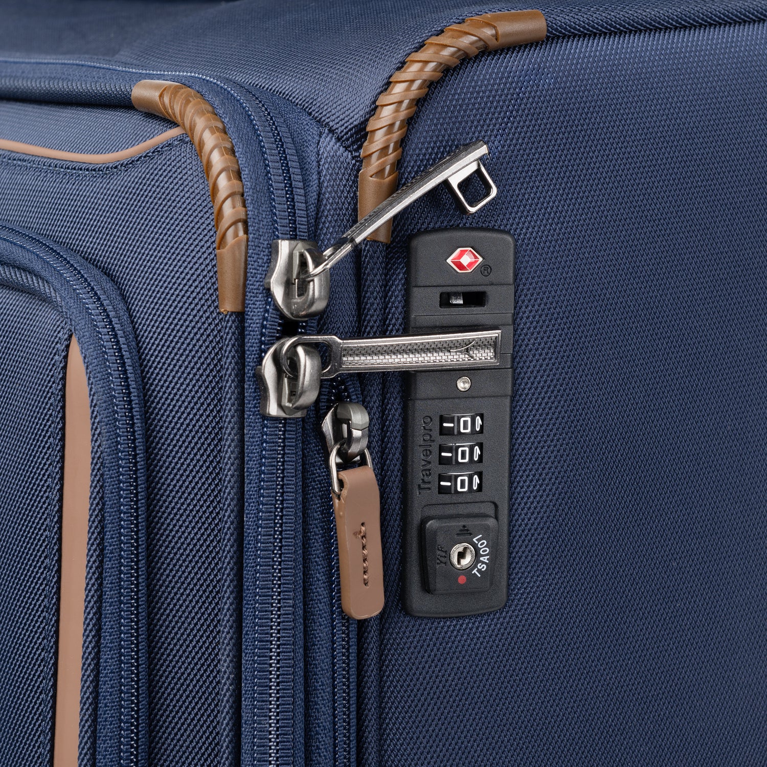 Close-up look of a blue suitcase with a combination lock
