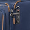 Close-up look of a blue suitcase with a combination lock