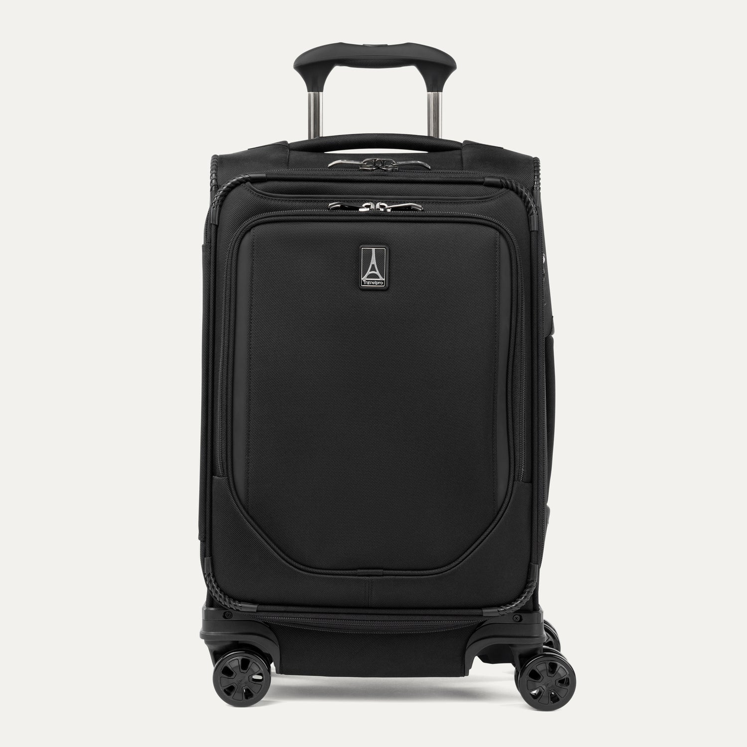 Front view of Travelpro Crew Classic Carry-On Spinner in Black, featuring PowerScope Lite Handle and reinforced corners.