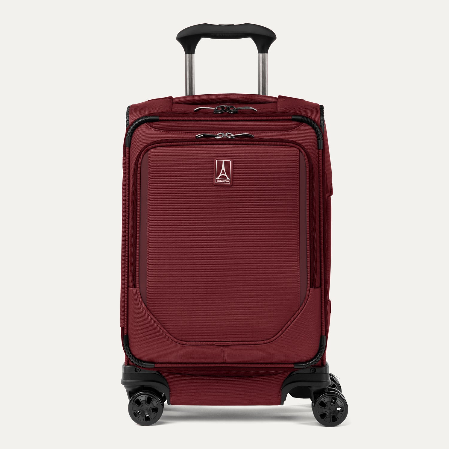 Front view of Travelpro Crew Classic Carry-On Spinner in Rosewood Red, featuring PowerScope Lite Handle and reinforced corners.