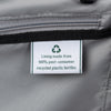 Close-up of label indicating lining made from 100% post-consumer recycled plastic bottles.