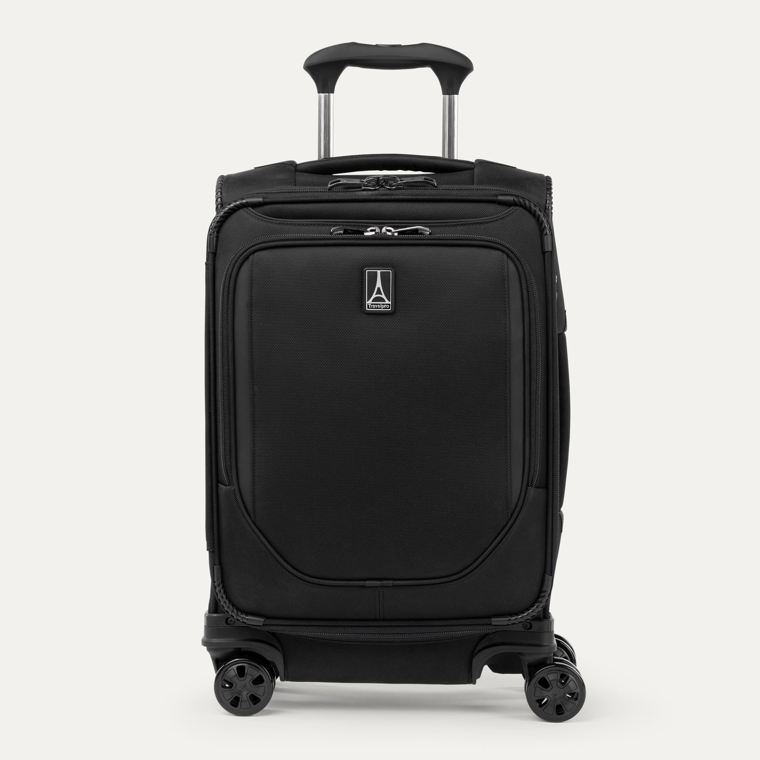 Front view of Travelpro Crew Classic Compact Carry-On Spinner in Black, featuring PowerScope Lite Handle and reinforced corners.