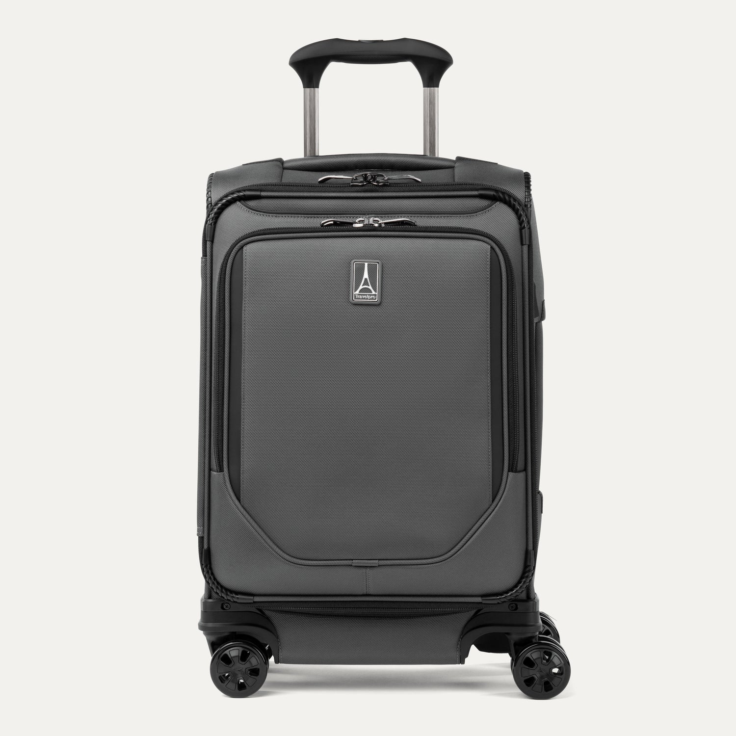 Front view of Travelpro Crew Classic Compact Carry-On Spinner in Titanium Grey, featuring PowerScope Lite Handle and reinforced corners.
